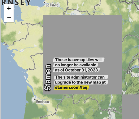 A Leaflet map showing a message in the Stamen tiles about these being discontinued